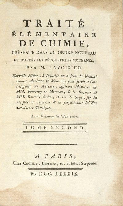 Traite Elementaire de Chimie, Tome II, Pariisissa, 1789 julkaistun nimisivu (painettu) tekijältä Antoine Laurent de Lavoisier