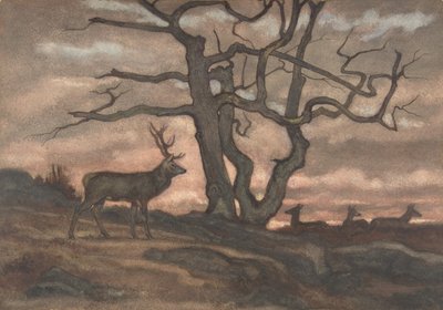 Hirvi ja puu auringonlaskua vastaan, 1810-75. tekijältä Antoine Louis Barye