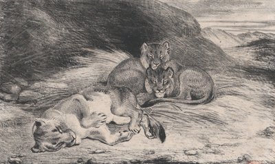 Leijona ja pennut, mahdollisesti 1832. tekijältä Antoine Louis Barye