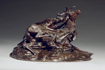 Kahden vinttikoiran kaatamat polttarit (pronssi) tekijältä Antoine Louis Barye