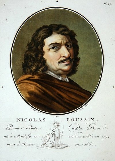 Nicolas Poussin teoksesta "Muotokuvia suurista miehistä, maineikkaista naisista ja ikimuistoisista Ranskan aiheista, kaiverrettu ja painettu värillisesti", julkaisija Pierre Blin tekijältä Antoine Louis Francois (after) Sergent Marceau