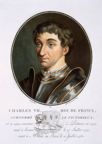Kaarle VII, teoksesta Muotokuvia suurista miehistä, maineikkaista naisista ja ikimuistoisista Ranskan aiheista, kaiverrettu ja painettu värillisesti, julkaissut Pierre Blin, 1786-92, Pariisi (värikaiverrus) tekijältä Antoine Louis Francois Sergent Marceau