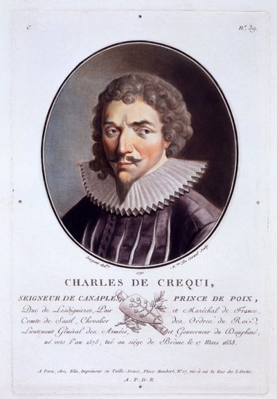 Charles de Crequi, teoksesta Muotokuvia suurista miehistä, maineikkaista naisista ja ikimuistoisista Ranskan aiheista, kaiverrettu ja painettu värillisesti, julkaisija Pierre Blin, 1786-92, Pariisi (värikaiverrus) tekijältä Antoine Louis Francois Sergent Marceau