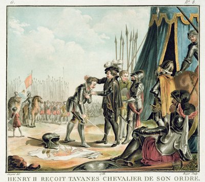 Henri II (1519-59) vastaanottaa Jean de Tavanesin ritariksi ritarikuntaansa, kaivertanut Roger, 1788 tekijältä Antoine Louis Francois Sergent Marceau