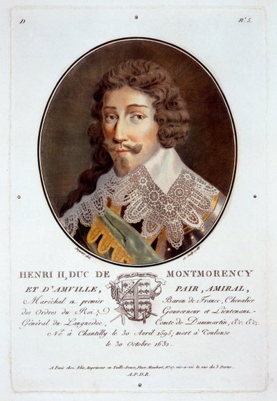 Henri II, Duc de Montmorency et dAmville, teoksesta Muotokuvia suurista miehistä, maineikkaista naisista ja ikimuistoisista Ranskan kohteista, kaiverrettu ja painettu värillinen, julkaisija Pierre Blin, 1786-92, Pariisi (n. tekijältä Antoine Louis Francois Sergent Marceau