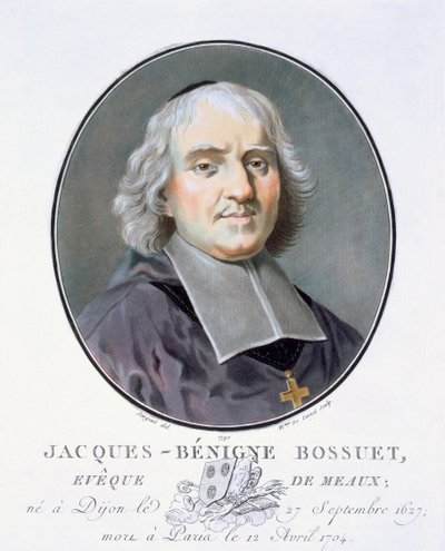 Jacques = Benigne Bossuet, teoksesta Muotokuvia suurista miehistä, maineikkaista naisista ja ikimuistoisista Ranskan kohteista, kaiverrettu ja painettu värillisesti, julkaisija Pierre Blin, 1786-92, Pariisi (värikaiverrus) tekijältä Antoine Louis Francois Sergent Marceau