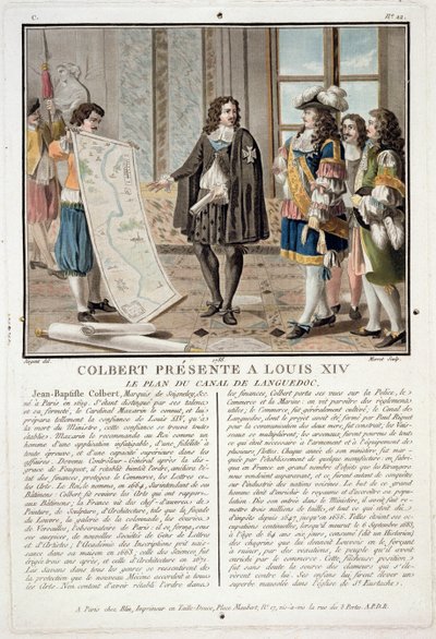 Jean Baptiste Colbert (1619-83) esittelee Louis XIV:lle Canal du Languedocin kartan, jonka kaiverrus on Jean Baptiste Morret (fl.1790-1820), 1788. tekijältä Antoine Louis Francois Sergent Marceau