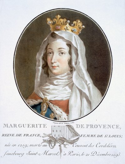 Marguerite de Provence, muotokuvia suurista miehistä, maineikkaista naisista ja ikimuistoisista Ranskan kohteista, kaiverrettu ja painettu värillisesti, julkaisija Pierre Blin, 1786-92, Pariisi (värikaiverrus) tekijältä Antoine Louis Francois Sergent Marceau