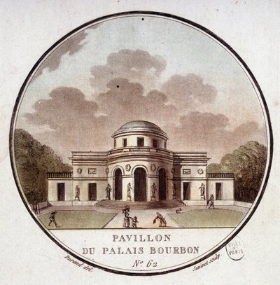 Palais Bourbonin paviljonki, Pariisi. Kersantin prittoreskissa näkymässä Pariisin päärakennuksiin tekijältä Antoine Louis Francois Sergent Marceau