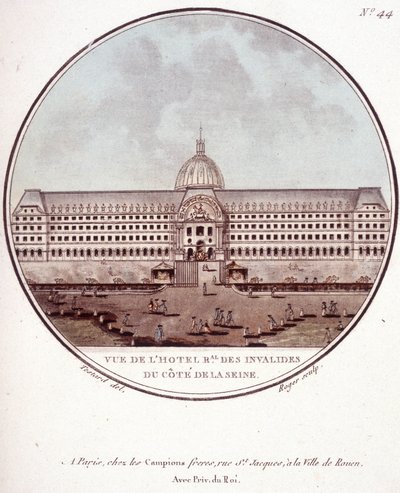 Näkymä hotelli regional des Invalides Seinen puolella, Pariisi. Kersantin pittoresque näkymät Pariisin päärakennuksiin tekijältä Antoine Louis Francois Sergent Marceau