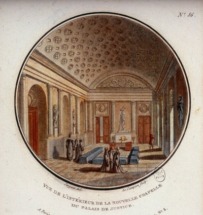 Näkymä oikeustalon, nykyisen Sainte Chapellen, Pariisin uuden kappelin sisätiloihin. Kersantin prittoreskissa näkymässä Pariisin päärakennuksiin tekijältä Antoine Louis Francois Sergent Marceau
