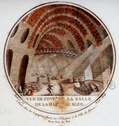 Näkymä Le Camus de Mézièresin vuosina 1763–1766 rakentaman uuden kauppahallin sisätiloista, joka on nykyään Pariisin pörssi. Kersantin prittoreskissa näkymässä Pariisin päärakennuksiin tekijältä Antoine Louis Francois Sergent Marceau