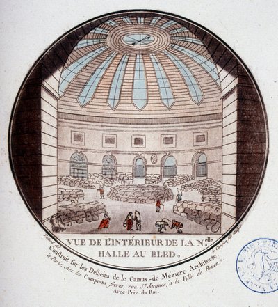 Näkymä Le Camus de Mézièresin vuosina 1763–1766 rakentaman uuden kauppahallin sisätiloista, joka on nykyään Pariisin pörssi. Kersantin prittoreskissa näkymässä Pariisin päärakennuksiin tekijältä Antoine Louis Francois Sergent Marceau