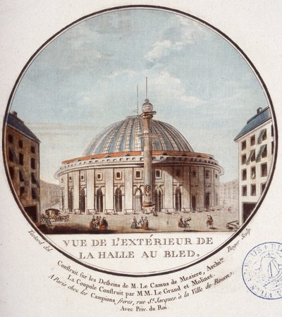 Näkymä vehnämarkkinoiden ulkopuolelle, Le Camus de Mézièresin vuosina 1763–1766 rakentama Pariisi, joka on nykyään Pariisin pörssi. Kersantin prittoreskissa näkymässä Pariisin päärakennuksiin tekijältä Antoine Louis Francois Sergent Marceau