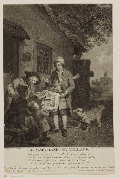 Kiertelevä printtimyyjä kylässä Le Marchand de Village (otsikko esineessä) tekijältä Antoine Louis Romanet