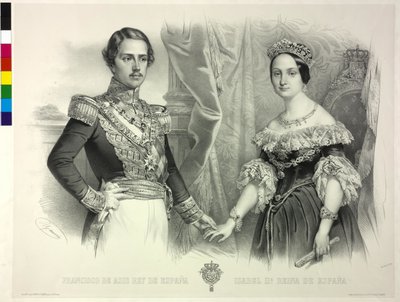 Espanjan kuningatar ja hänen miehensä Franz Isabella II (litografia) tekijältä Antoine Maurin