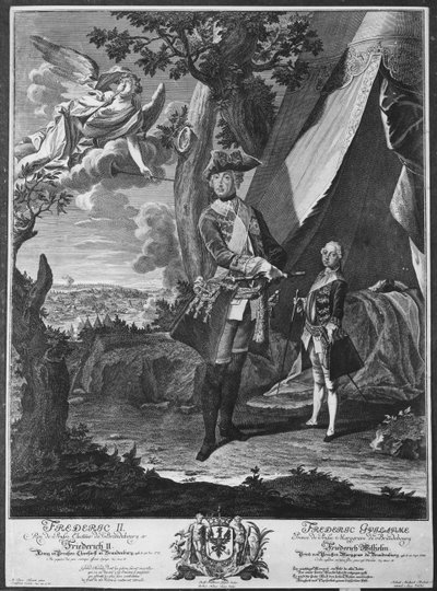 Frederick II (1712-86) ja hänen veljenpoikansa Frederick William II (1744-97), kaiverrus Johann Probst (1673-1750) tekijältä Antoine Pesne