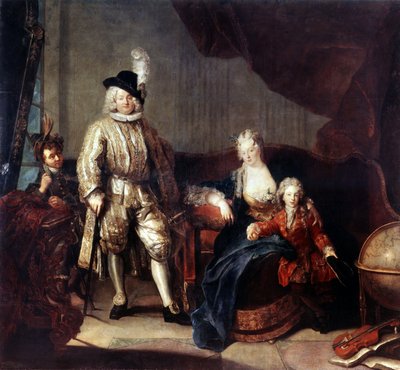 Paroni von Erlachin muotokuva perheineen. Antoine Pesnen (1683-1757) maalaus noin 1710. Öljy kankaalle. Saksalaista barokkityylistä taidetta. Eremitaaši, Pietari tekijältä Antoine Pesne