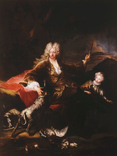 Marchese Paolo Corbellin muotokuva, täyspitkä, istuu pankissa metsän reunalla, 1709 tekijältä Antoine Pesne
