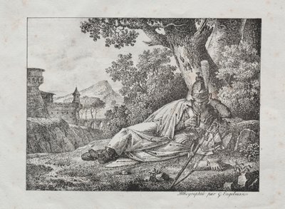 Kokoelma litografisia esseitä: Tupakoiva lohikäärme makaa puun juurella, 1822. tekijältä Antoine Pierre Mongin