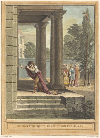 Kaksi papukaijaa, kuningas ja hänen poikansa tekijältä Antoine Radigues after Jean Baptiste Oudry
