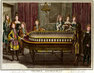 Philippe Ranskan, Anjoun herttua, sitten Espanjan kuningas (1683-1746), Charles, Berryn herttua (1686-1714) ja Walesin prinssi soittamassa portiikkoa Ludvig XIV:n ensimmäisessä asunnossa Versaillesissa - Antoine Trouvainin kaiverrus (1656) -1708) Yksityine tekijältä Antoine Trouvain