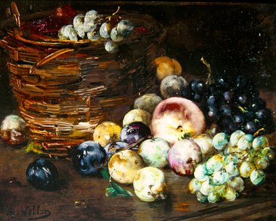 Korin asetelma hedelmillä pöydällä, n. 1870 (öljy kankaalle) tekijältä Antoine Vollon