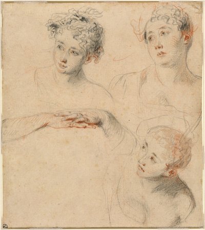 Kolme tutkimusta naisen päästä ja käsien tutkimus [recto] tekijältä Antoine Watteau