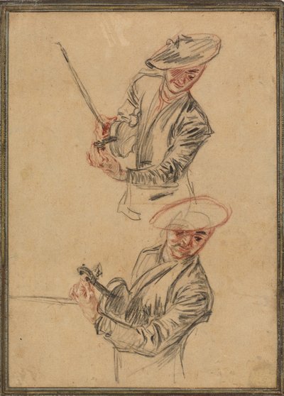 Kaksi tutkimusta viulistista, joka virittää instrumenttiaan tekijältä Antoine Watteau