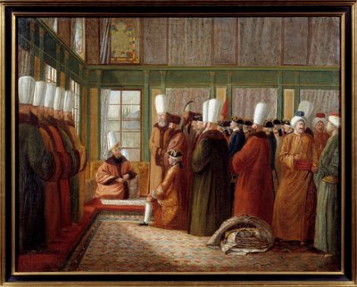 Ottomaanien valtakunta: "" Suurvisiirin vastaanotto Ranskan suurlähettilään kuningas Ludvig XVI:n palveluksessa Turkissa"" Antoine de Favrayn (1706-1791) maalaus 1700-luvun Marseille, Musee de la Marine - Ottomaanien valtakunta: vastaanotto Ranskan suurläh tekijältä Antoine de Favray