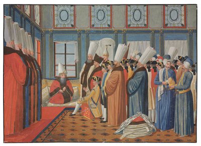 Ludvig XV:n suurlähettilään kreivi de Vergennesin esittely ottomaanisulttaanin suurvisiirille Reis Effendille "Uthman III" 31. toukokuuta 1755 tekijältä Antoine de Favray