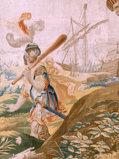Flanderin kuvakudos. Sarjan tarina Theseuksesta. Theseus hylkää Ariadnen Naxoksen saarella (Teseo abandona a Ariadna en la Isla de Naxos). Sarjan kahdeksas kuvakudos. Malli Anthonis Sallaert. Valmistus: Jan Raes the Younger, Bryssel. Noin 1630. Kangas S tekijältä Antoine or Anthonis Sallaert
