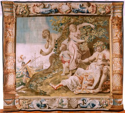 Flanderin kuvakudos. Sarjan tarina Theseuksesta. Theseus hylkää Ariadnen Naxoksen saarella (Teseo abandona a Ariadna en la Isla de Naxos). Sarjan kahdeksas kuvakudos. Malli Anthonis Sallaert. Valmistus Jan Raes the Younger, Bryssel. Noin 1630. Kangas S tekijältä Antoine or Anthonis Sallaert