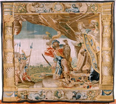 Flanderin kuvakudos. Sarjan tarina Theseuksesta. Theseus esittelee Minotauruksen pään Kreetan kuninkaalle ja kuningattarelle (Teseo presenta a los Reyes de Creta la cabeza del Minotauro). Seitsemäs kuvakudos sarjassa. Malli Anthonis Sallaert. Valmistaja Ja tekijältä Antoine or Anthonis Sallaert