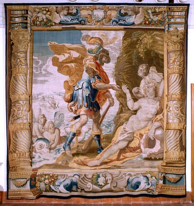 Flanderin kuvakudos. Sarjan tarina Theseuksesta. Theseus saa Minoksen sormuksen Amphitritelta (Teseo recibe de Anfítrite la sortija de Minos). Sarjan viides kuvakudos. Malli Anthonis Sallaert. Valmistus: Jan Raes the Younger, Bryssel. Noin 1630. Kangas sil tekijältä Antoine or Anthonis Sallaert