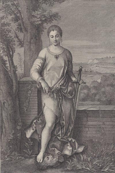 Judith seisoo jalkansa Holofernesin päässä, n. 1729. tekijältä Antoinette Larcher