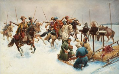 Talvimaisema kasakkojen kanssa (postitoimitus) - Adolf Baumgartner Stoiloffin (Baumgartner-Stoiloff) maalaus (1850-1924), öljy kankaalle, 82x130 cm - Yksityiskokoelma tekijältä Anton Baumgartner-Stoiloff
