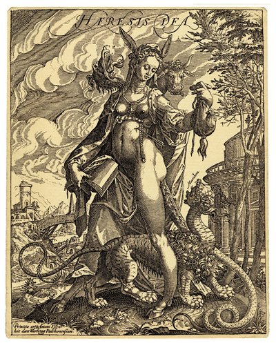 Heresian jumaluus, allegorinen hahmo, joka on kuvattu aasinkorvaisen naisen muodossa, jolla on kädessään kirja, jonka sivut ovat repeytyneet ja jonka jalkojen välissä on hirviömäinen olento. Anton Eisenhoutin (1554-1603) satiirinen vastareformistinen vedos tekijältä Anton Eisenhout