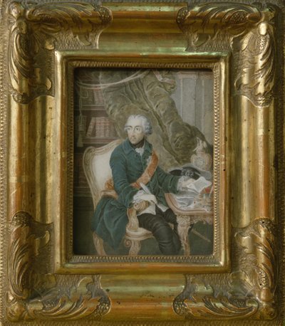 Preussin kuningas Frederick II Hohenzollern-takissaan, 1769 (akvarelli norsunluulla) tekijältä Anton Friedrich Konig