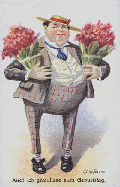 Syntymäpäiväonnittelukortti, joka kuvaa miestä kantamassa kukkakimppuja (chromolitho) tekijältä Anton Hoffmann