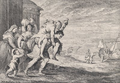 Aeneas pakenee Troijasta, kuuden hahmon ryhmä lähtee kaupungista vasemmalla, Aeneas kantoi..., 1728. tekijältä Anton Joseph von Prenner