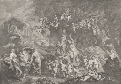 Venuksen juhla, jossa satyyri-, nymfi- ja puttiryhmät tanssivat Ve...-patsaan ympärillä, 1732. tekijältä Anton Joseph von Prenner