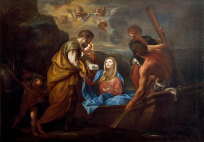 Lento Egyptiin Pyhä perhe astuu veneeseen. Anton Maria Piolan (1654-1715) maalaus Collezione Banca Carige Genes tekijältä Anton Maria Piola