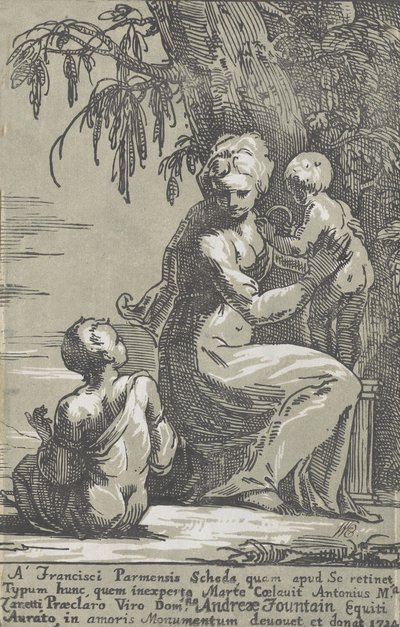 Nainen seisoo puun juurella pitelemässä vauvaa istuvan pojan kanssa, 1724. tekijältä Anton Maria Zanetti