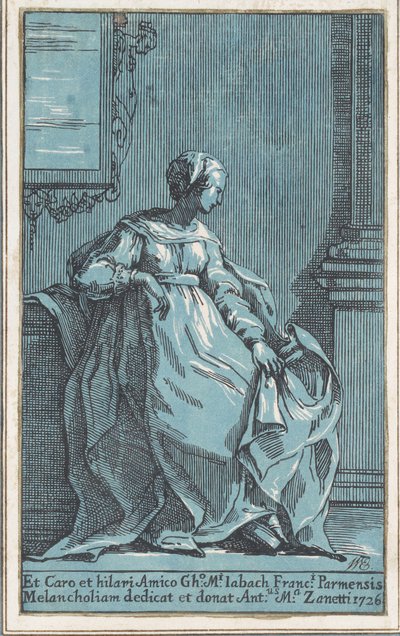 Nainen istuu huoneessa Melankolia, 1726. tekijältä Anton Maria Zanetti