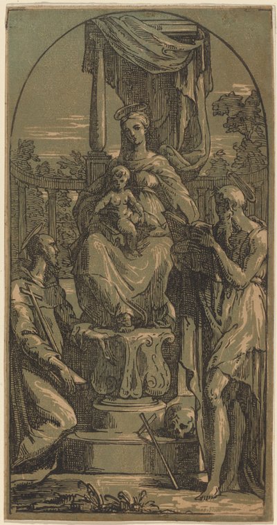 Madonna ja lapsi istuivat, Saint Jerome ja Saint Francis tekijältä Anton Maria Zanetti I, after Parmigianino