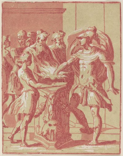 Mucius Scaevola laittaa kätensä tuleen tekijältä Anton Maria Zanetti I after Parmigianino