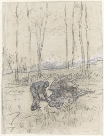 Maanviljelijä töissä kottikärryillä metsässä tekijältä Anton Mauve