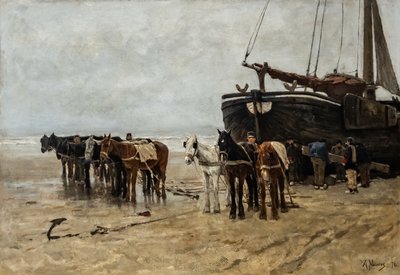 Hollanti: Bomschuit ja hinaushevoset Scheveningenin rannalla Kalastusvene ja hinaushevoset Scheveningenin rannalla tekijältä Anton Mauve