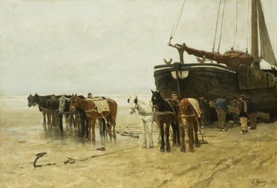 Hollanti: Bomschuit ja hinaushevoset Scheveningenin rannalla Kalastusvene ja hinaushevoset Scheveningenin rannalla tekijältä Anton Mauve